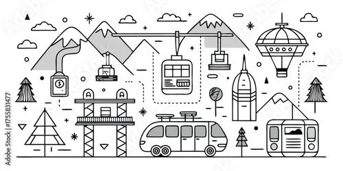 Mountain transportation panorama featuring cable cars buses hot air balloons and ski lifts