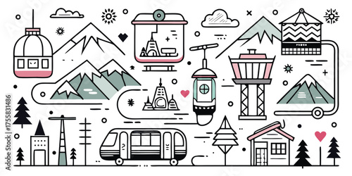 Mountain village transportation and infrastructure icons featuring train gondola airport and ski lift