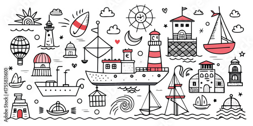Nautical doodle collection featuring ships lighthouses hot air balloons and more