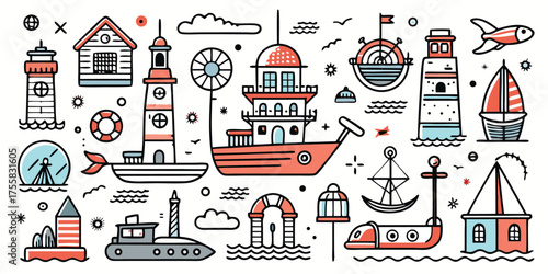 Collection of nautical and transportation icons including lighthouses ships boats and more
