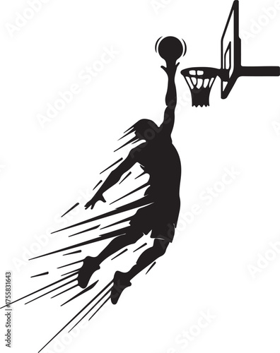 vector silhouette of a male basketball player slam dunk, scoring the ball to the net, transparent background