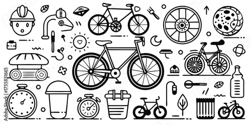 Collection of bicycle related objects and accessories artistic drawing detailed sketch