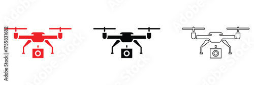 Drone Quadro copter vector icon set, drone with camera vector, silhouette and line art