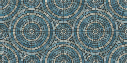 Seamless pattern blue Circular Mosaic. Decorative Antique Stone Ornament.