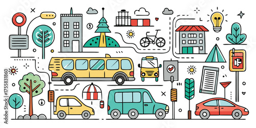 Colorful doodle art depicting urban transportation scene with cars and buses