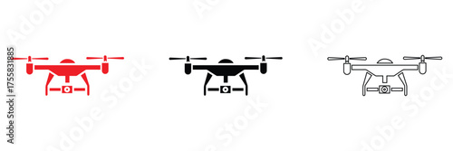 Drone Quadro copter vector icon set, drone with camera vector, silhouette and line art