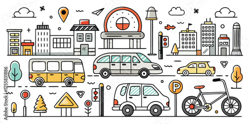 Diverse transportation and city icons collection featuring cars buses bikes and buildings