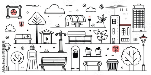 Whimsical cityscape illustration featuring park benches buildings trees and streetlights