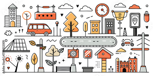 Urban scene elements collection including buildings vehicles trees and signs