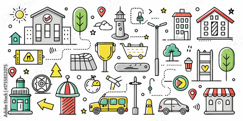 Diverse collection of urban elements and vehicles for city life design