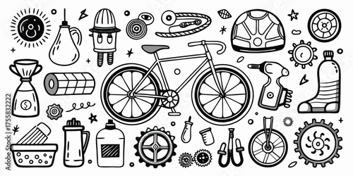 Collection of bicycle parts and accessories in a sketch style