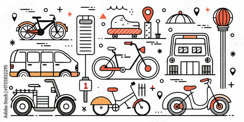 Diverse city transportation including cars bikes scooters buses and atvs in artistic sketch style