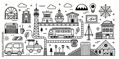 Whimsical cityscape and transportation elements collection for design projects