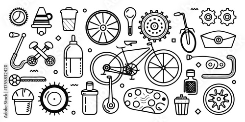 Diverse bicycle parts and accessories hand drawn sketch collection for cycling enthusiasts