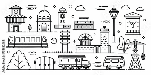 Architectural buildings and transportation elements line art graphic design