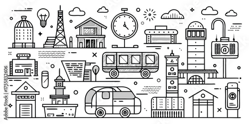 Urban cityscape icons representing transportation buildings and infrastructure elements
