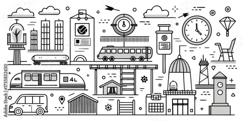 Modern cityscape transportation hub with trains buses and buildings and clock tower