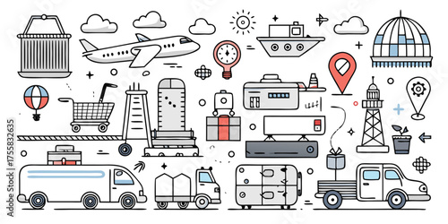 Diverse collection of transportation vehicles and travel icons in sketch style