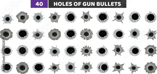 Bullet Holes and Gunshot Damage Icons Set, Realistic Vector Impact Collection