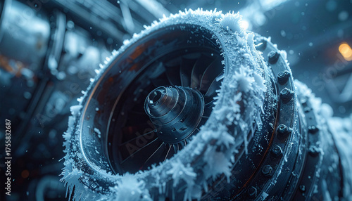 Frozen Engine Marvel: An intricate turbine engine encrusted with glistening ice, revealing its robust machinery and the frosty embrace of a sub-zero environment.