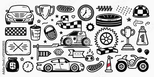 Collection of hand-drawn automotive and racing icons for design and graphics