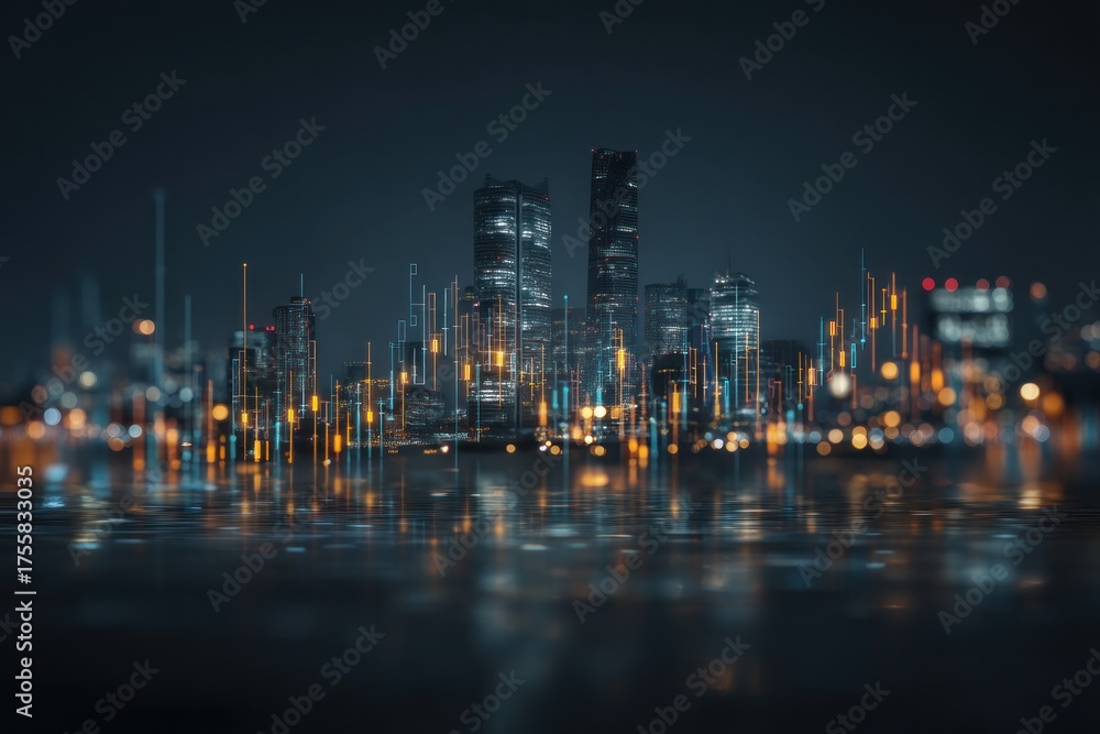 Obraz premium Cityscape at night with abstract financial chart
