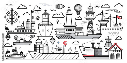 Doodle art ships lighthouses compass hot air balloon nautical theme transportation and vehicles