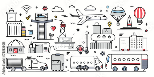 Diverse transportation and city icons featuring vehicles buildings and aircraft for connectivity concepts