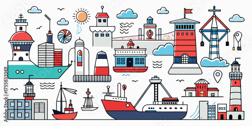 Nautical themed illustration featuring various ships lighthouses and port buildings in a playful style