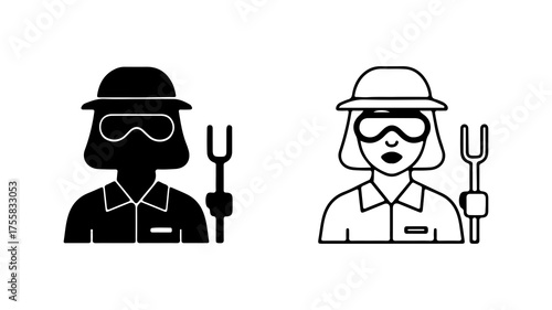 Farmer with pitchfork and protective eyewear with transparent background
