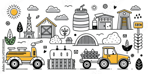 Farm country scene with trucks barns buildings sun clouds trees and plants in a drawing style