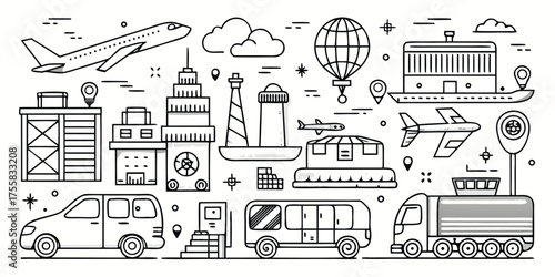 Diverse transportation and logistics icons collage featuring aircraft vehicles and buildings