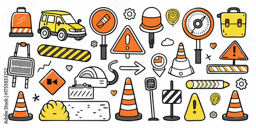 Construction safety and traffic control elements collection for infrastructure and roadwork projects