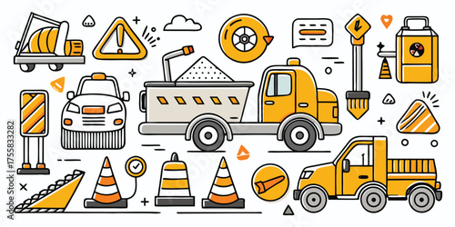 Construction vehicles and warning signs collection for kids educational content
