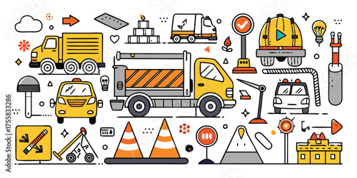 Diverse cartoon transportation and vehicle elements collection with traffic symbols and construction gear