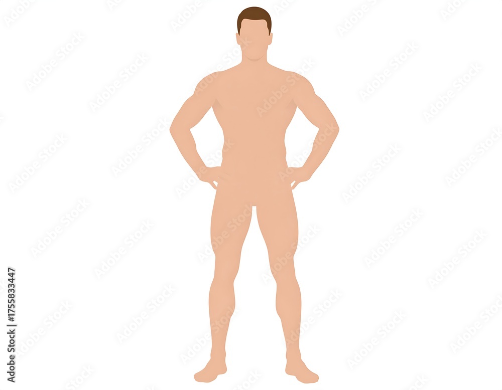 Fototapeta premium Silhouette illustration of a muscular, standing person, hands on hips, in nude tones on a white background