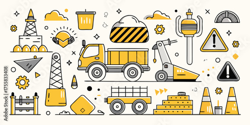 Construction and transportation elements featuring trucks machinery and warning signs construction site imagery