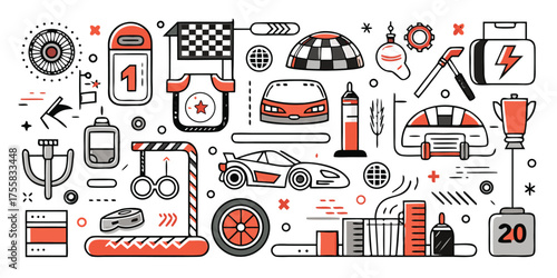 Vibrant racing elements collection with cars trophy and checkered flag graphics