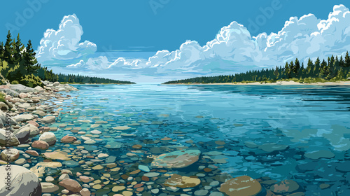 Vector illustration of clear water of an endless lake with pebbles on the shore and a blue sky with white clouds