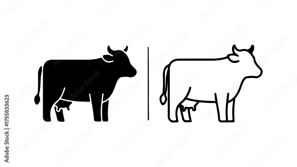 Fototapeta premium Cow icon set with outline and solid fill
