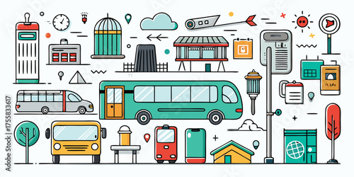 City transportation elements featuring buses vans buildings street furniture and signs collection