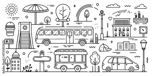 Doodle art style collection of urban transportation and city elements