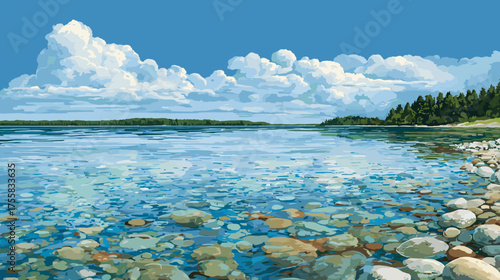 Vector illustration of clear water of an endless lake with pebbles on the shore and a blue sky with white clouds