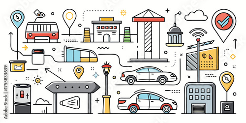 Smart city transportation network with vehicles buildings and navigation icons