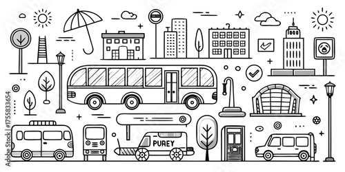 Whimsical city scene with buses cars and buildings doodle art style