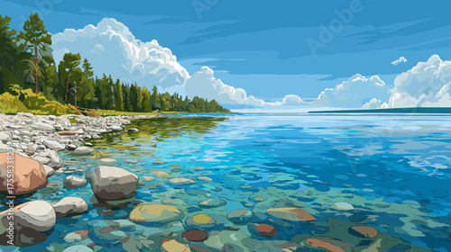 Vector illustration of clear water of an endless lake with pebbles on the shore and a blue sky with white clouds