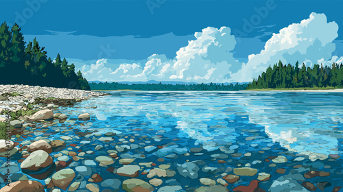 Vector illustration of clear water of an endless lake with pebbles on the shore and a blue sky with white clouds