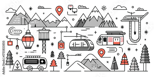 Collection of ski resort transportation and mountain elements hand-drawn style