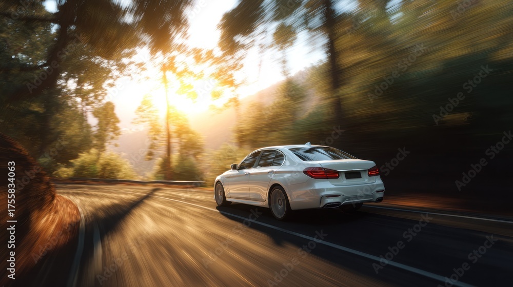 Fototapeta premium White car driving on a road sunny day