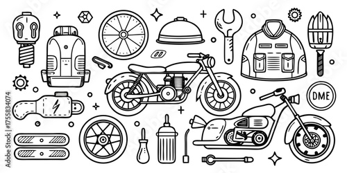 Motorcycle and gear line art collection featuring bikes tools jacket and wheels